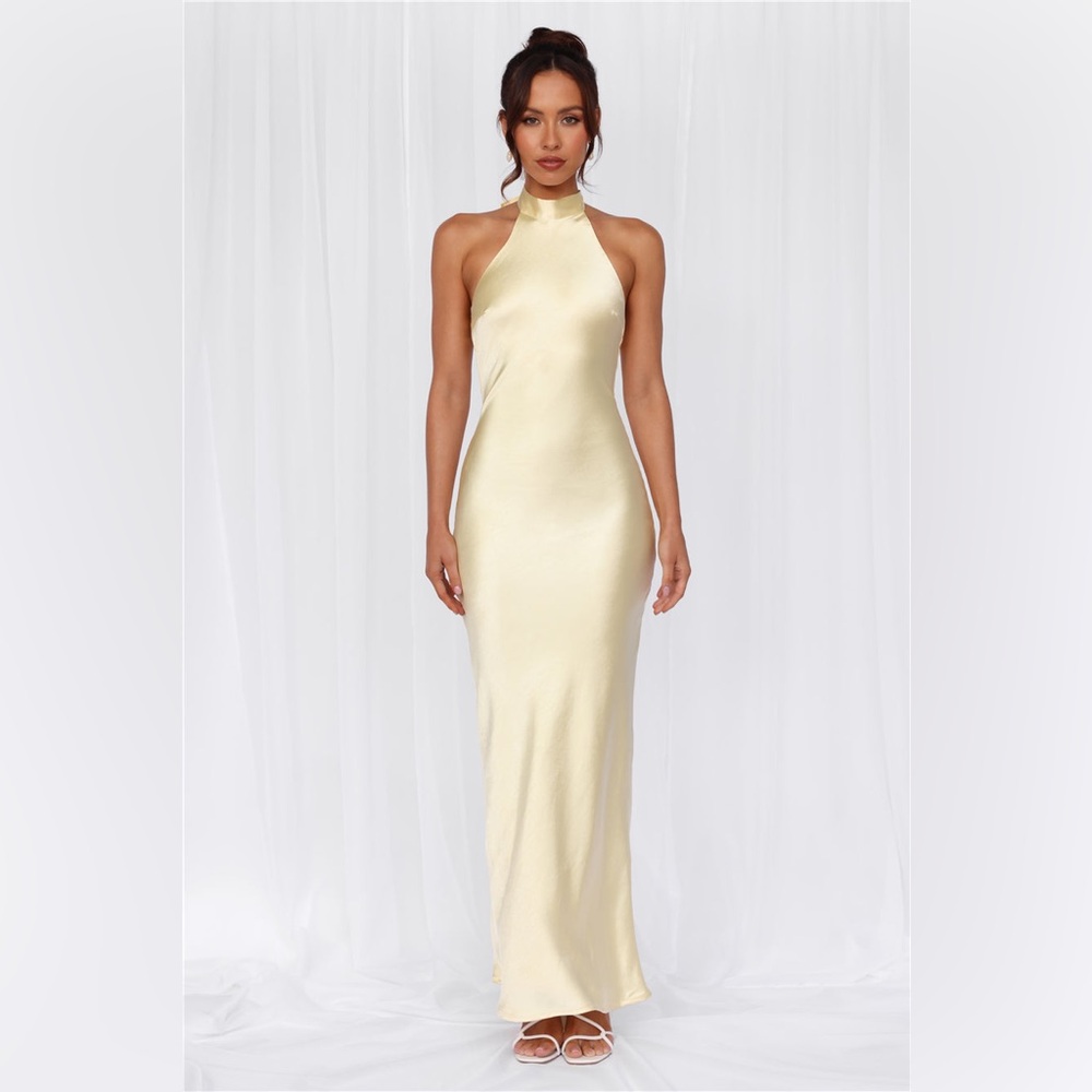 HELLO MOLLY THE CLEO HALTER
SATIN MAXI DRESS YELLOW SIZE LARGE 8 - Picture 6 of 8